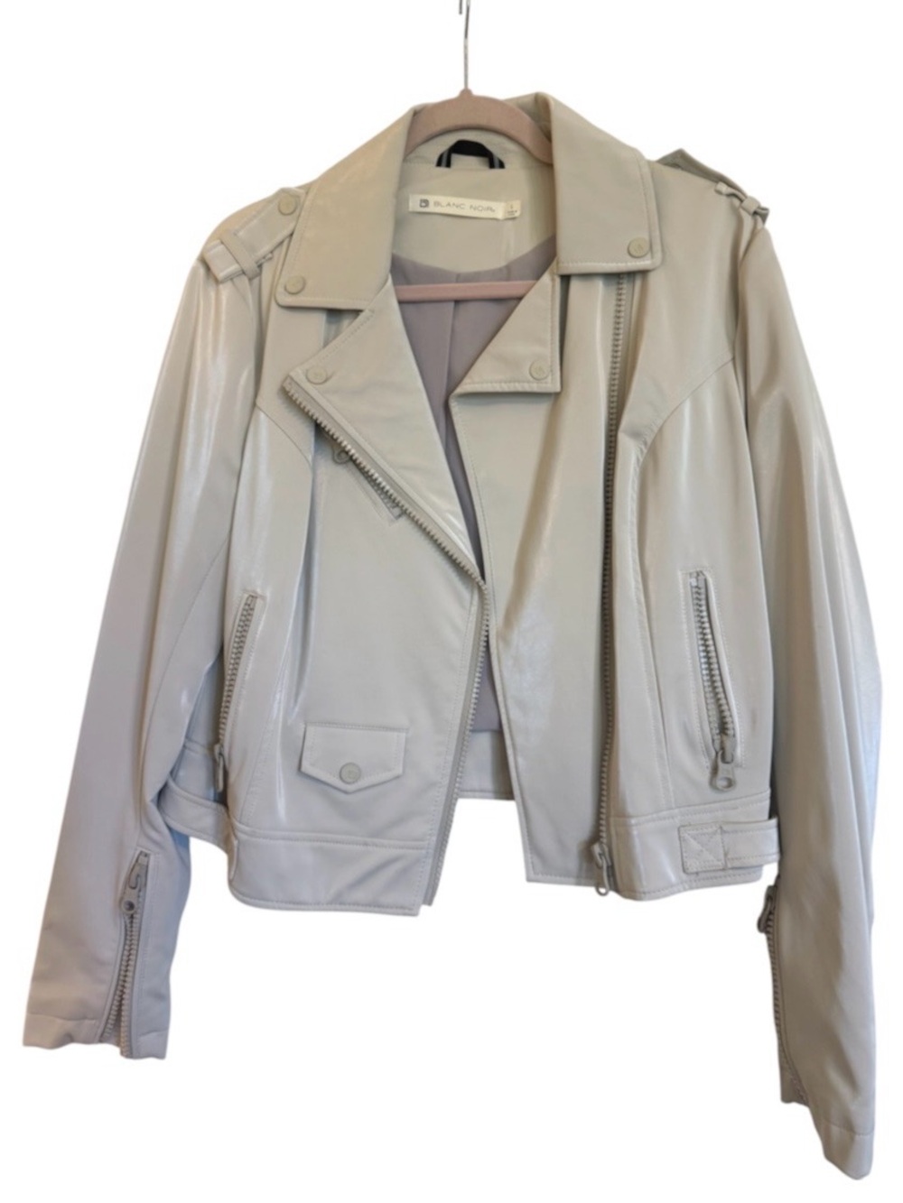 Blanc Noir Women’s L Ivory Faux Leather Moto Biker Jacket Cropped Zip